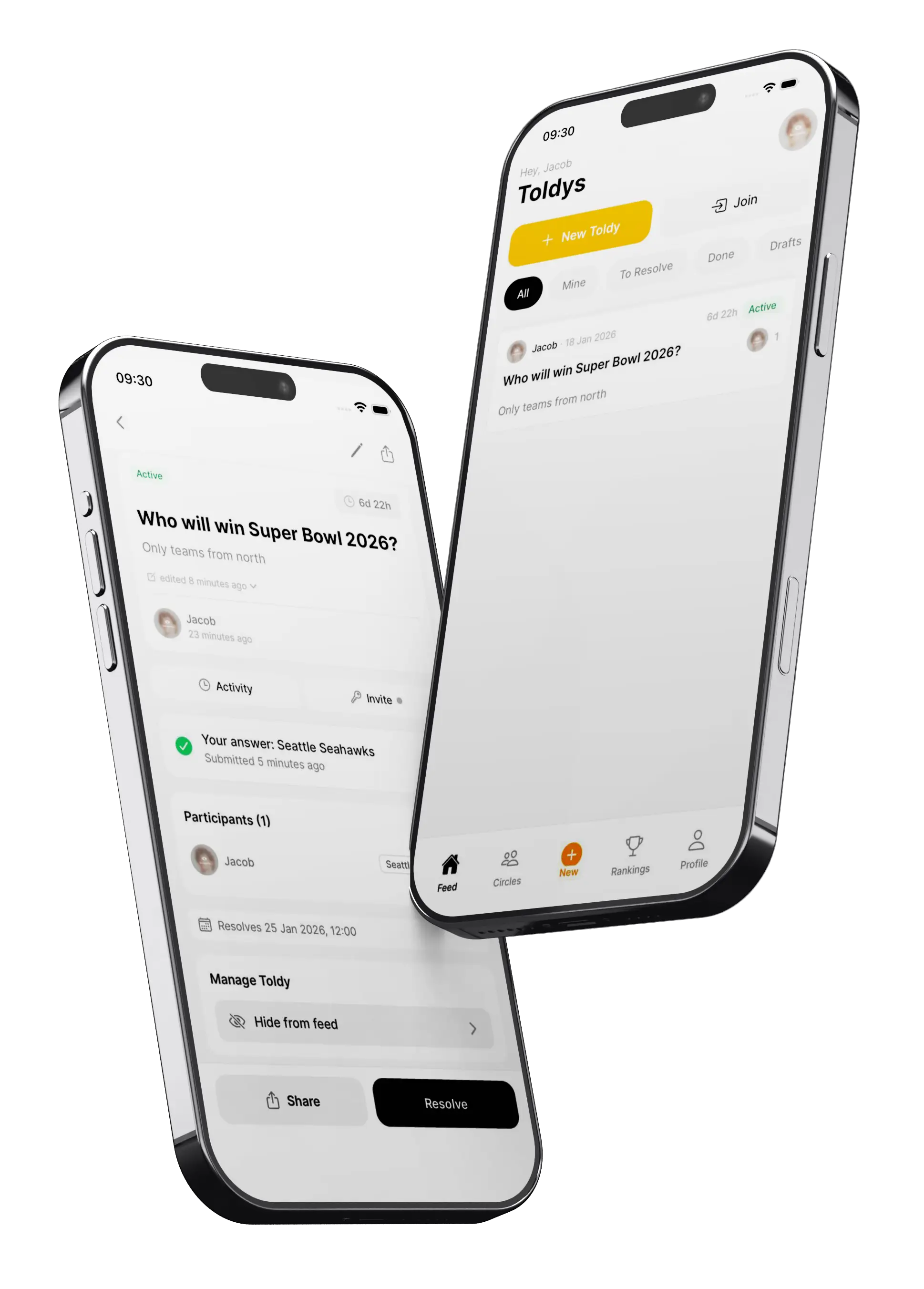 Toldy app: feed with active Toldys and a Toldy detail screen